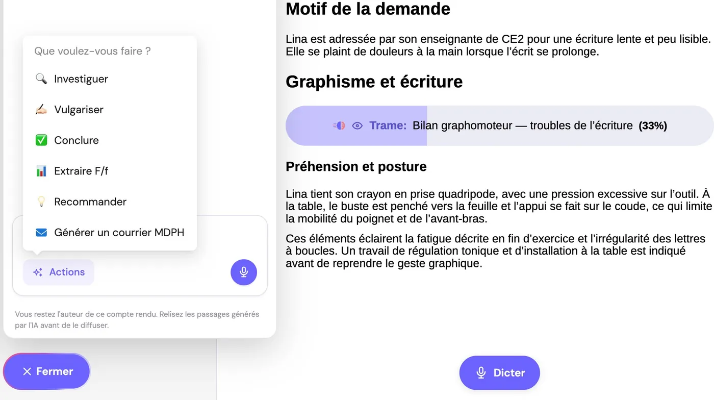 L'assistant de rédaction ouvert dans l'éditeur : Investiguer, Vulgariser, Conclure, Extraire, Recommander, Générer un courrier MDPH.