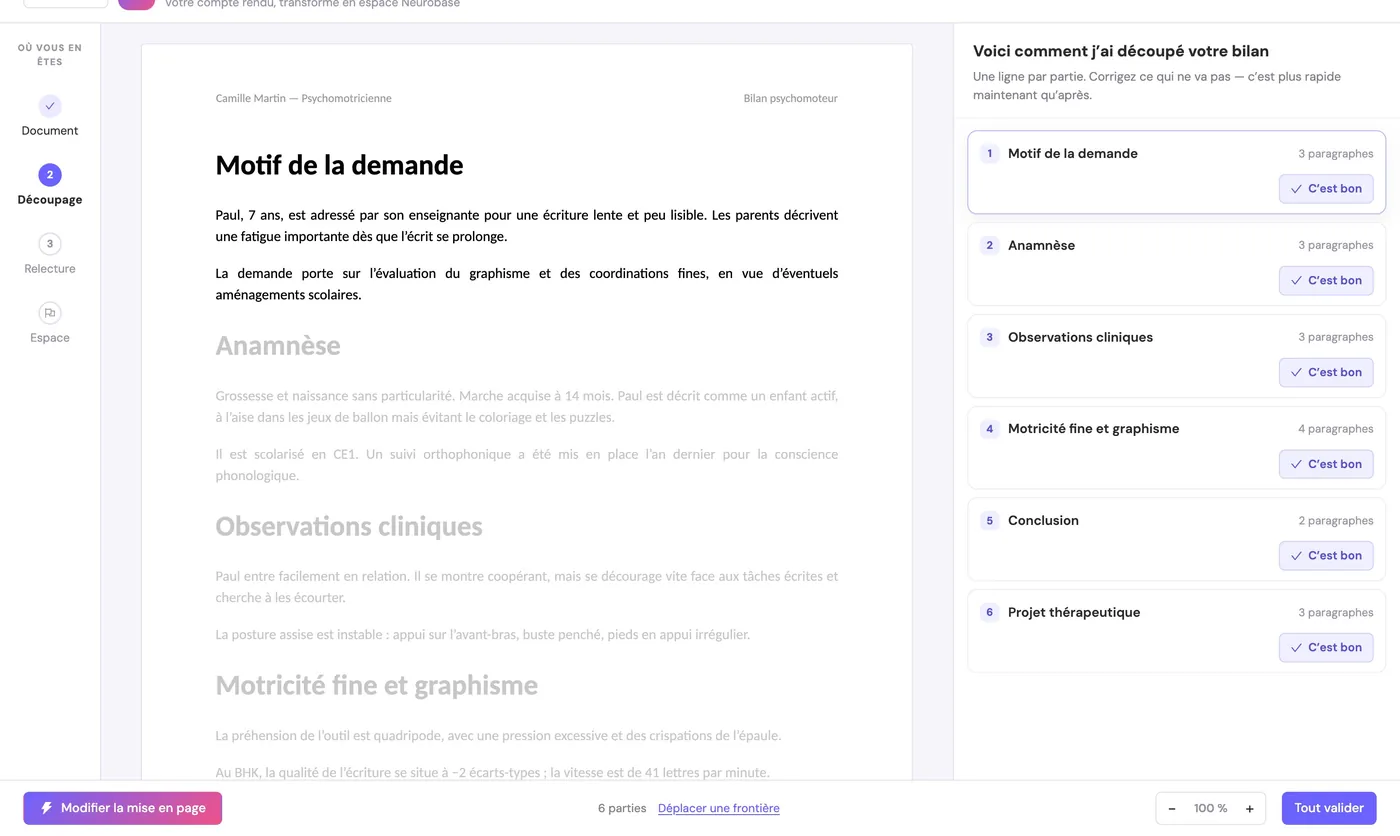 Genesis : un compte rendu Word importé, que Neurobase découpe en sections, chacune à valider.