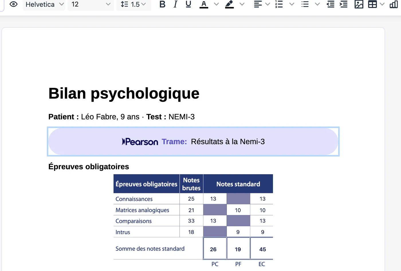 Une page du compte rendu, au format A4 : l'en-tête, la trame NEMI-3 et le tableau des épreuves, comme à l'impression.