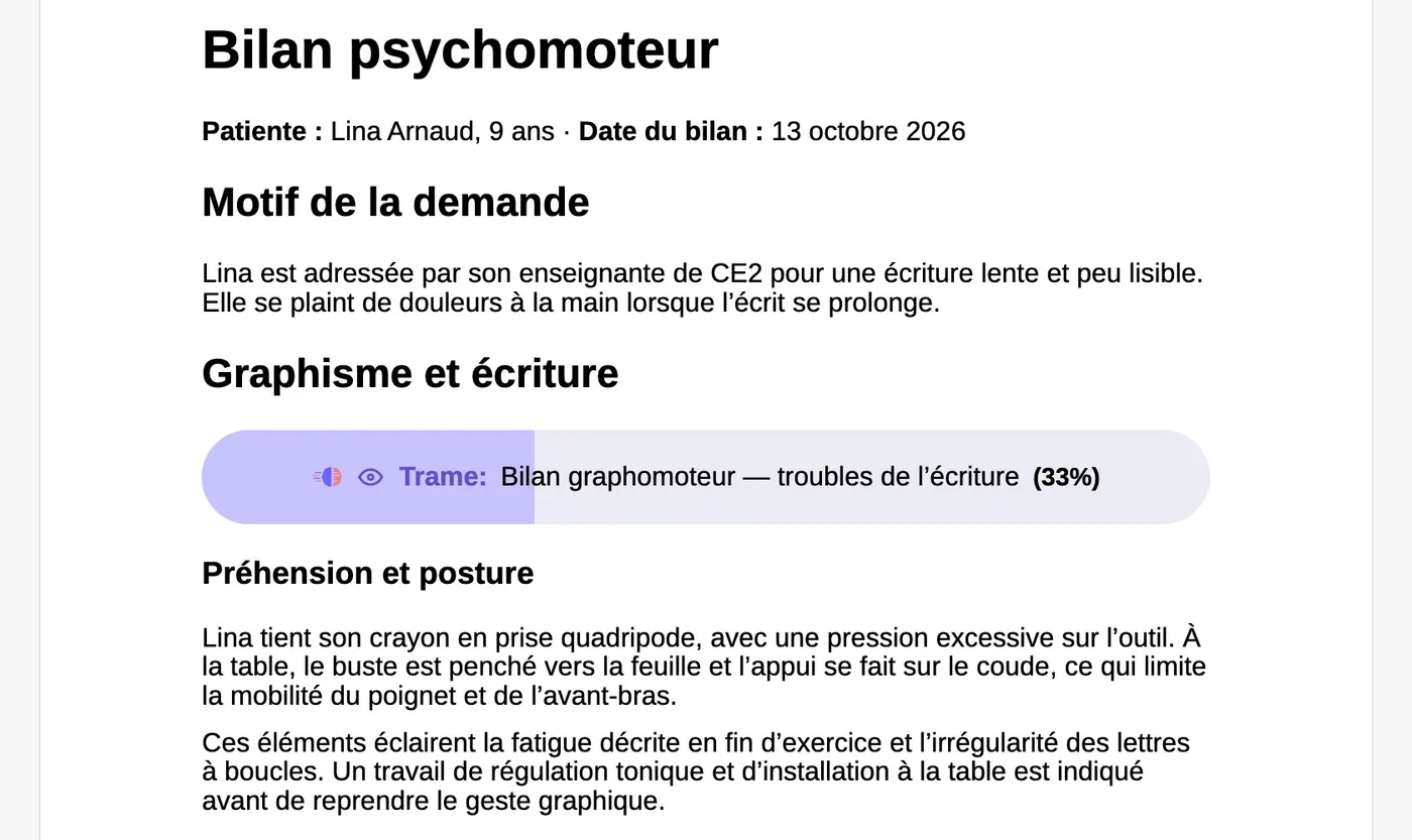L'éditeur de Neurobase : le compte rendu rédigé à partir des réponses de la trame, au format de la page imprimée.